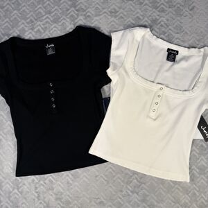 NWT Justify Square Neck Ribbed Crop Top T Shirt Button Front Black or White